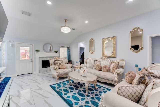 living room with marble finish floor, recessed lighting, visible vents, and vaulted ceiling
