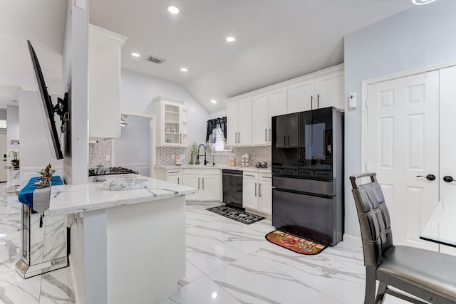 kitchen with smart refrigerator, white cabinetry, dishwasher, decorative backsplash, and marble finish floor