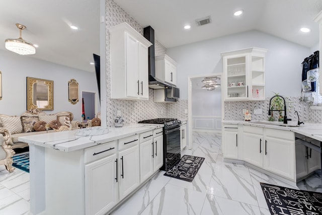 kitchen featuring a sink, wall chimney range hood, light stone counters, black range with gas cooktop, and open floor plan