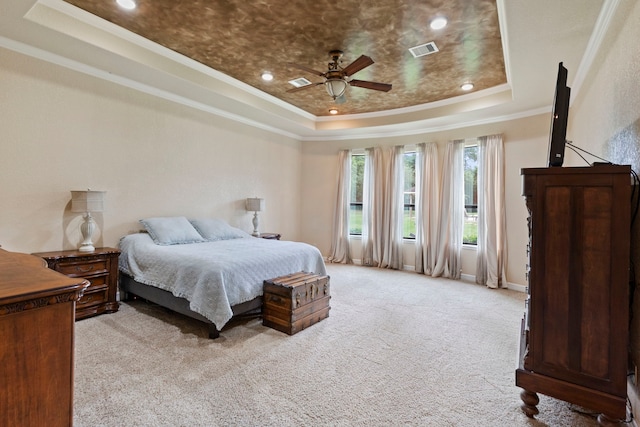 8483 Majestic Lake Ct, Montgomery, TX 77316 - bedroom with a tray ceiling, visible vents, ornamental molding, and light carpet