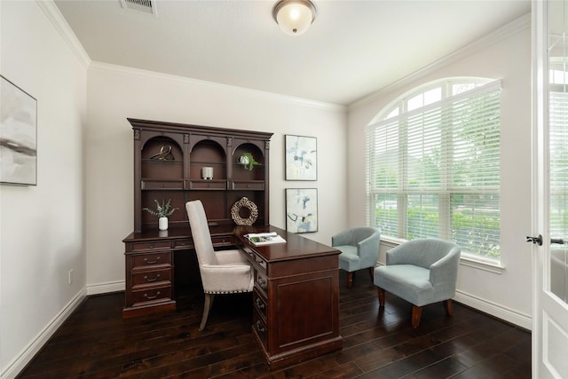 18538 Wade Creek Ln, Cypress, TX 77433 - home office with dark wood-style flooring, ornamental molding, and a healthy amount of sunlight