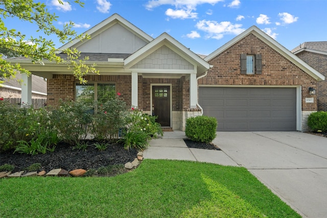 18740 Laurel Hills Dr, New Caney, TX 77357 - craftsman inspired home with a porch, concrete driveway, brick siding, and a front yard