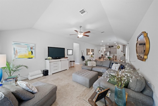 18740 Laurel Hills Dr, New Caney, TX 77357 - living area featuring vaulted ceiling, light tile patterned floors, a ceiling fan, and visible vents