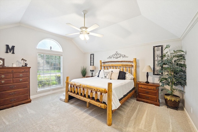 2419 Londonderry Dr, Pearland, TX 77581 - bedroom with lofted ceiling, light colored carpet, ceiling fan, baseboards, and ornamental molding