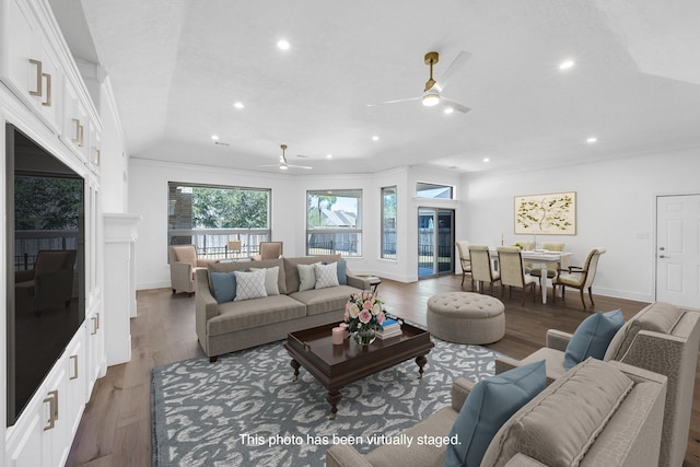 686 Edgewood Dr, Montgomery, TX 77356 - living room featuring recessed lighting, baseboards, ornamental molding, ceiling fan, and wood finished floors