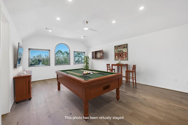 686 Edgewood Dr, Montgomery, TX 77356 - recreation room featuring lofted ceiling, pool table, recessed lighting, ceiling fan, and wood finished floors