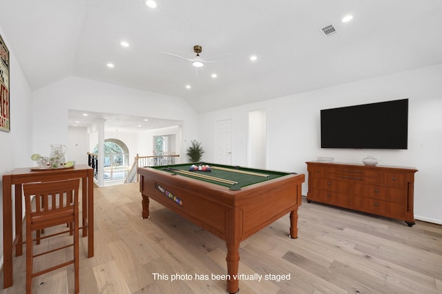 686 Edgewood Dr, Montgomery, TX 77356 - playroom featuring a ceiling fan, visible vents, light wood-style floors, lofted ceiling, and pool table