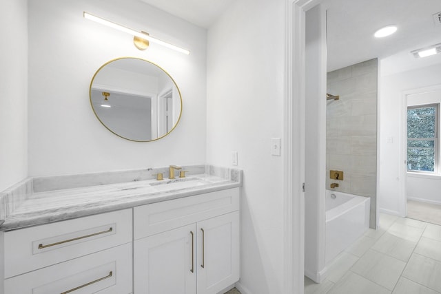 686 Edgewood Dr, Montgomery, TX 77356 - bathroom with bathing tub / shower combination, visible vents, baseboards, tile patterned flooring, and vanity