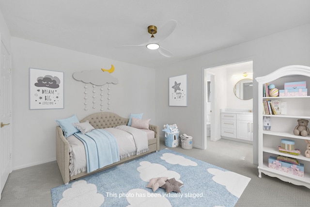 686 Edgewood Dr, Montgomery, TX 77356 - bedroom featuring connected bathroom, ceiling fan, carpet flooring, and baseboards
