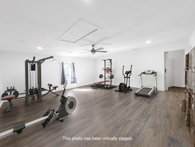 686 Edgewood Dr, Montgomery, TX 77356 - workout area featuring wood finished floors, attic access, baseboards, ceiling fan, and recessed lighting