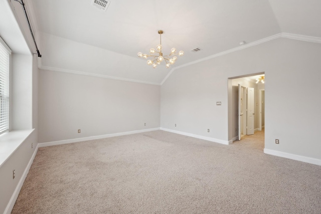 5432 Nolda St, Houston, TX 77007 - unfurnished room with an inviting chandelier, visible vents, crown molding, vaulted ceiling, and light colored carpet