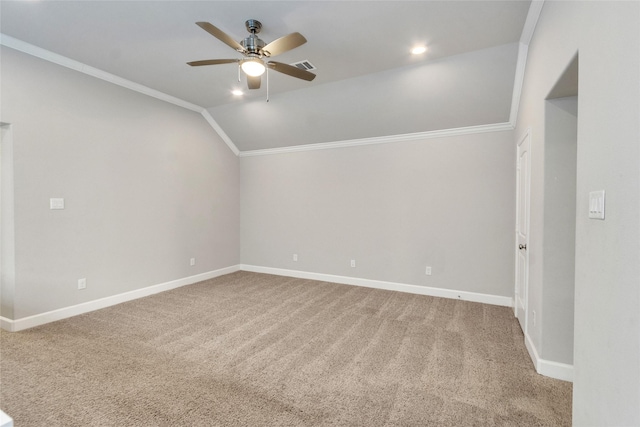 5432 Nolda St, Houston, TX 77007 - unfurnished room with a ceiling fan, baseboards, carpet flooring, crown molding, and vaulted ceiling