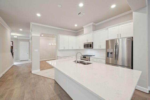 5432 Nolda St, Houston, TX 77007 - kitchen with a sink, stainless steel appliances, ornamental molding, a spacious island, and visible vents