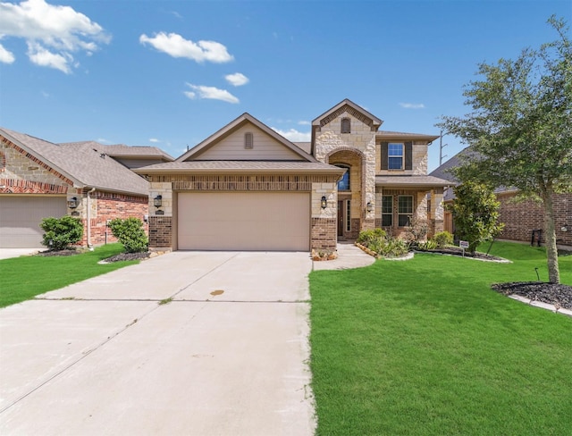 22418 Mary Rogers Trl, Richmond, TX 77469 - view of front of home with an attached garage, driveway, a front lawn, stone siding, and brick siding