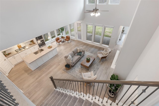 318 Mistletoe Ridge Ct, Montgomery, TX 77316 - living area with plenty of natural light, wood finished floors, a towering ceiling, and ceiling fan
