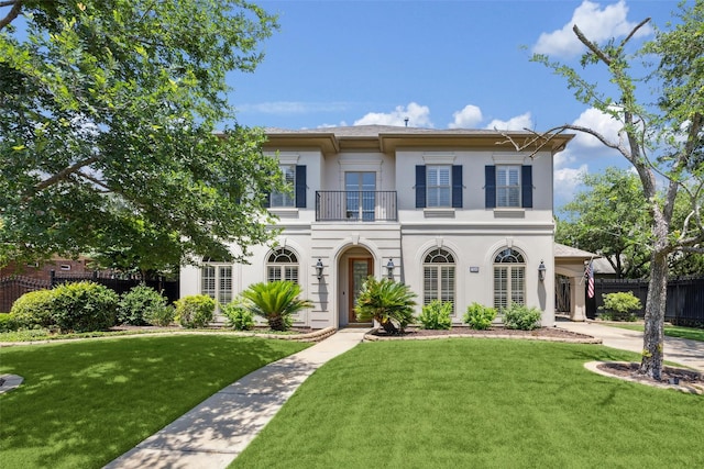 view of front of property with a balcony and stucco siding