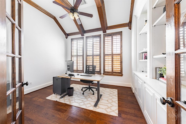 office featuring french doors, ceiling fan, baseboards, vaulted ceiling, and dark wood finished floors