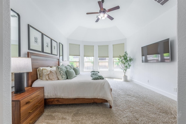 bedroom featuring carpet, a ceiling fan, and baseboards