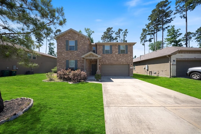 traditional home featuring concrete driveway, an attached garage, a front lawn, and brick siding