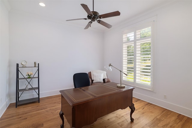 508 Golden Bear Dr, Austin, TX 78738 - office with light wood-type flooring, baseboards, a ceiling fan, and recessed lighting