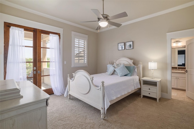 508 Golden Bear Dr, Austin, TX 78738 - bedroom featuring light colored carpet, crown molding, access to outside, and french doors