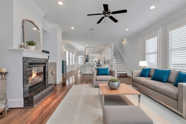 1905 W 14th St Unit B, Houston, TX 77008 - living room featuring stairs, recessed lighting, a fireplace, ceiling fan, and baseboards