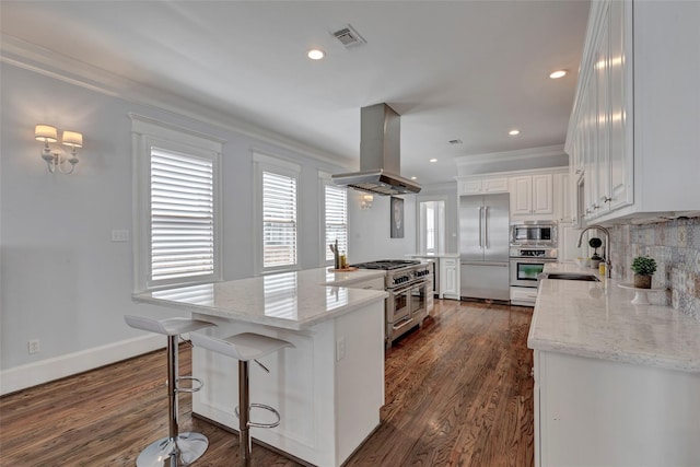 1905 W 14th St Unit B, Houston, TX 77008 - kitchen featuring a center island, a sink, island range hood, built in appliances, and ornamental molding
