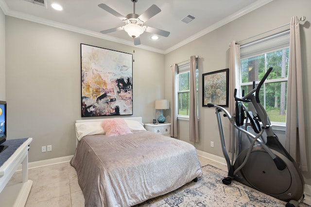 bedroom with ornamental molding, baseboards, multiple windows, and recessed lighting