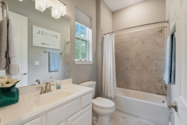 bathroom with toilet, tile patterned floors, shower / bathtub combination with curtain, a chandelier, and vanity