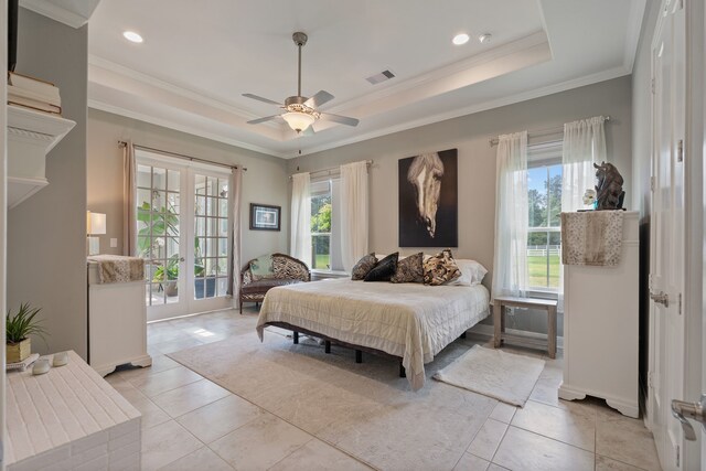 bedroom with crown molding, light tile patterned floors, visible vents, and french doors