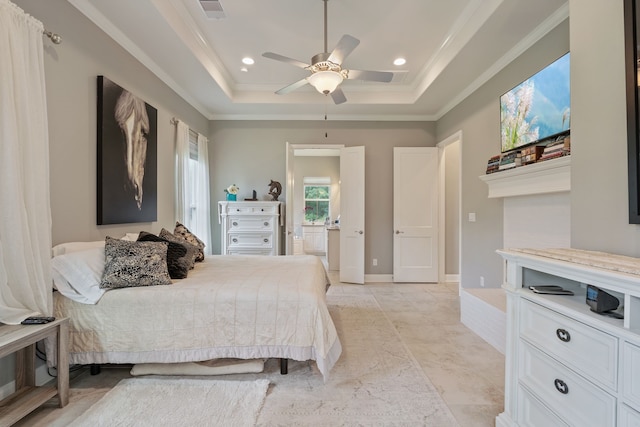 bedroom with crown molding, a raised ceiling, visible vents, and recessed lighting