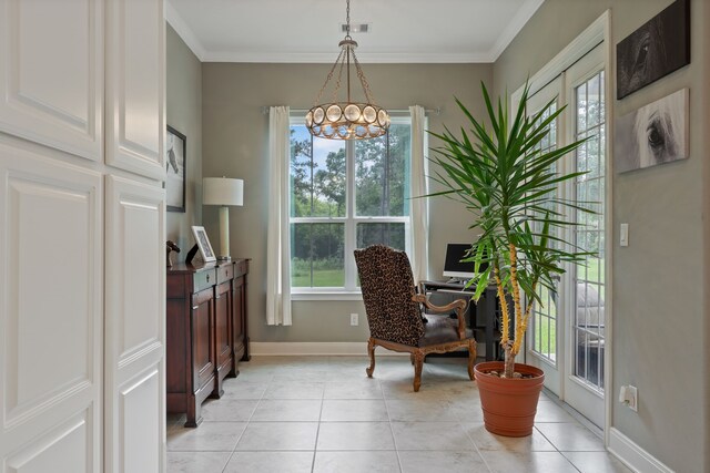 interior space with a notable chandelier, light tile patterned floors, baseboards, visible vents, and crown molding