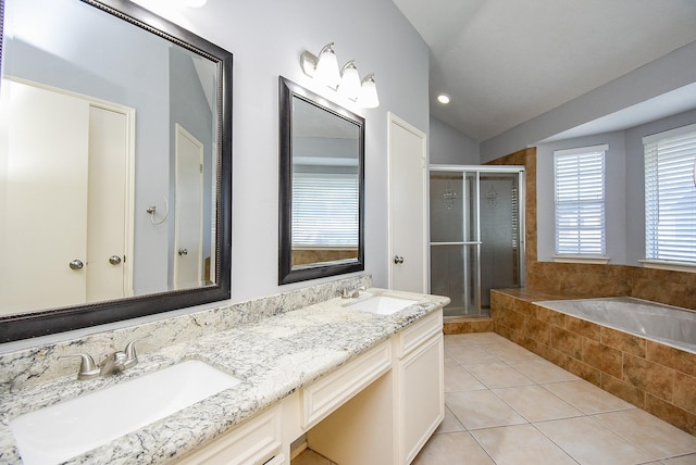 210 Needleleaf Ln, Sugar Land, TX 77479 - bathroom featuring a shower stall, a garden tub, double vanity, tile patterned flooring, and vaulted ceiling