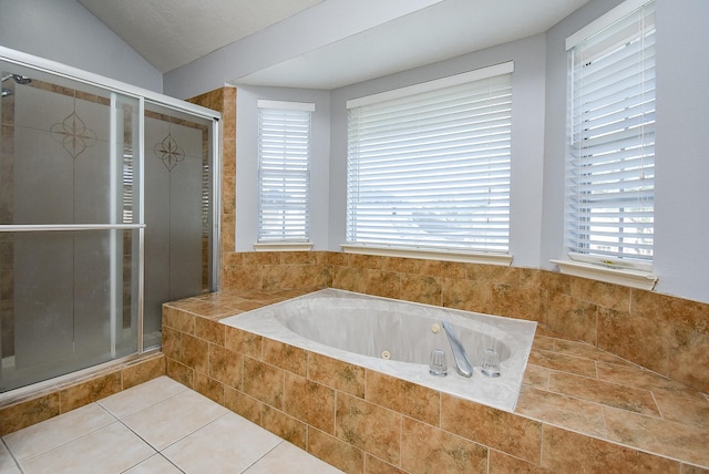 210 Needleleaf Ln, Sugar Land, TX 77479 - full bath with a stall shower, a whirlpool tub, healthy amount of natural light, and vaulted ceiling