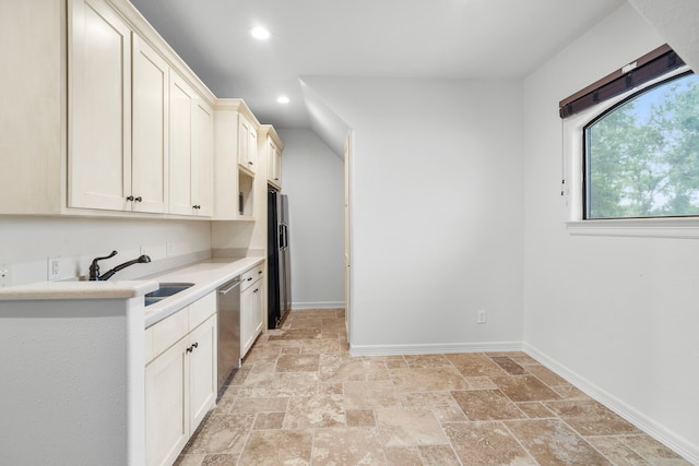 8603 Royal Retreat, Richmond, TX 77469 - kitchen featuring a sink, stone tile flooring, recessed lighting, dishwasher, and light countertops