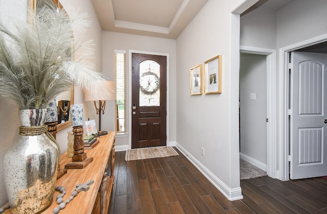 18273 Evanhale Bend Dr, Cypress, TX 77429 - foyer entrance featuring dark wood-style floors, baseboards, and a tray ceiling