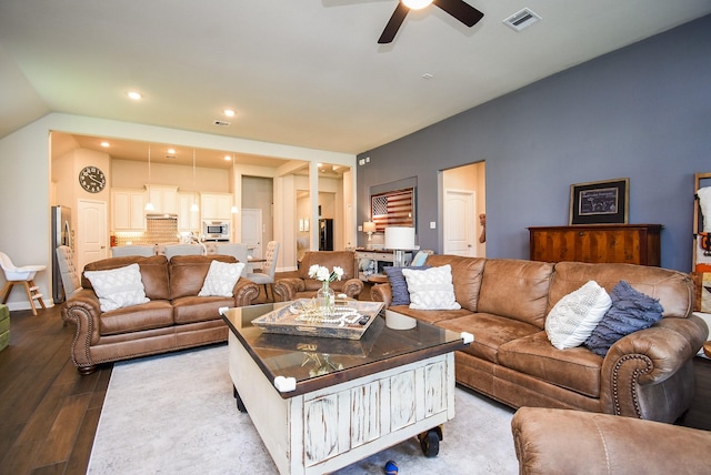 18273 Evanhale Bend Dr, Cypress, TX 77429 - living area featuring wood finished floors, a ceiling fan, recessed lighting, and lofted ceiling