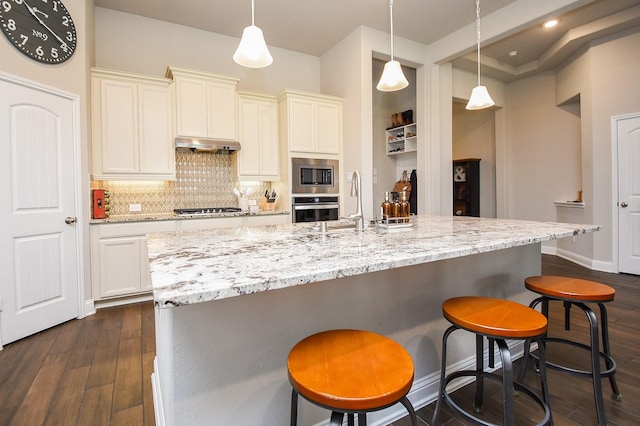 18273 Evanhale Bend Dr, Cypress, TX 77429 - kitchen with appliances with stainless steel finishes, under cabinet range hood, backsplash, dark wood-style flooring, and recessed lighting