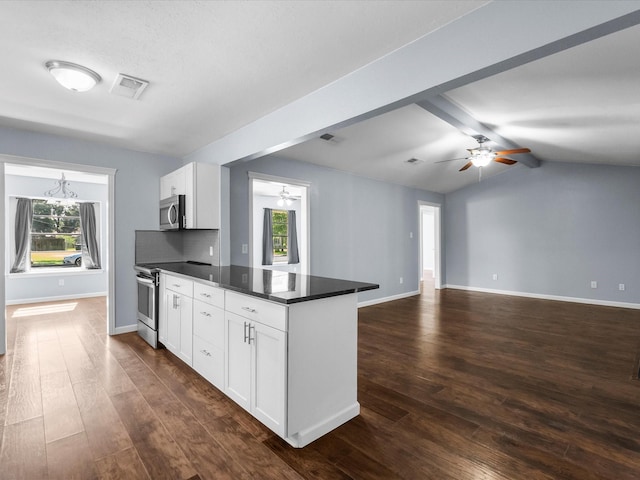 1922 Tracy Lynn Ln, Alvin, TX 77511 - kitchen with stainless steel appliances, ceiling fan, dark countertops, and dark wood finished floors