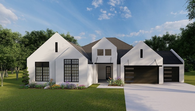 1549 Silver Creek Ln, Montgomery, TX 77316 - modern inspired farmhouse with concrete driveway, stucco siding, a garage, and a front lawn