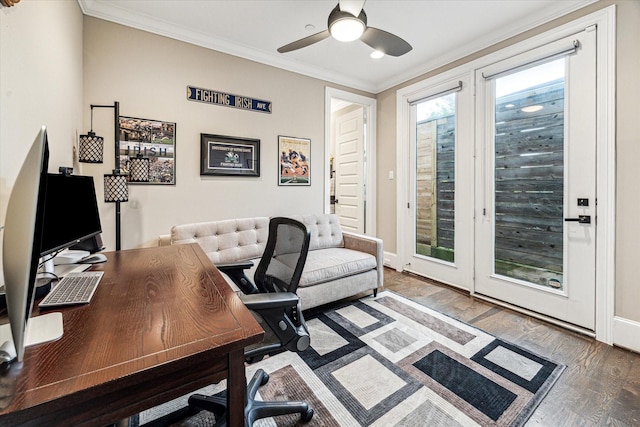 1214 Dunlavy St, Houston, TX 77019 - office area featuring wood finished floors, ceiling fan, crown molding, and baseboards
