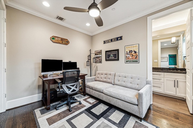 1214 Dunlavy St, Houston, TX 77019 - office featuring wood finished floors, a ceiling fan, a sink, recessed lighting, and baseboards