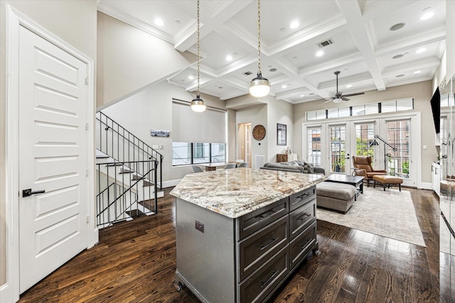 1214 Dunlavy St, Houston, TX 77019 - kitchen with a ceiling fan, dark wood-style floors, open floor plan, a kitchen island, and beam ceiling