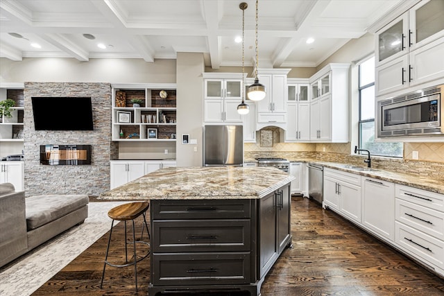 kitchen with stainless steel appliances, open floor plan, dark wood finished floors, and a sink