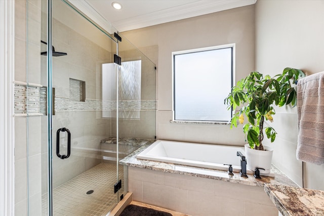 1214 Dunlavy St, Houston, TX 77019 - bathroom featuring a bath, crown molding, a shower stall, and recessed lighting