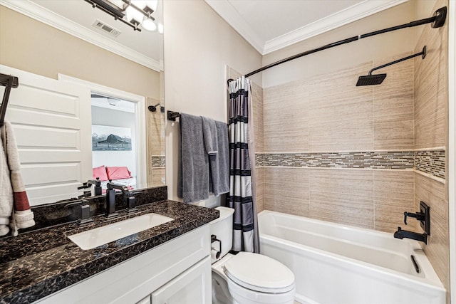 1214 Dunlavy St, Houston, TX 77019 - bathroom featuring ornamental molding, shower / bathtub combination with curtain, toilet, and vanity