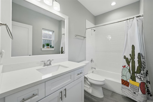 full bath with vanity, toilet, and shower / bath combination with curtain