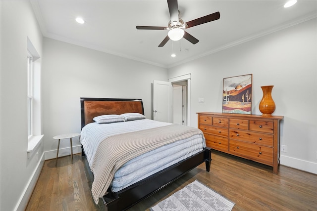 bedroom featuring recessed lighting, ornamental molding, wood finished floors, baseboards, and a ceiling fan