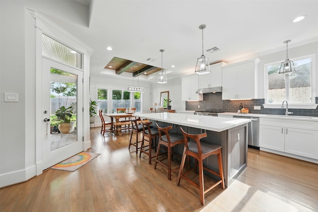 kitchen with a sink, dishwasher, a kitchen island, light countertops, and backsplash