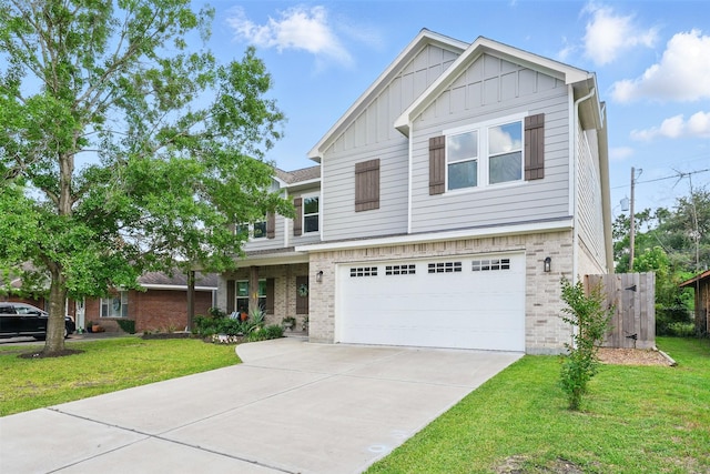 craftsman-style house featuring board and batten siding, brick siding, a garage, and driveway